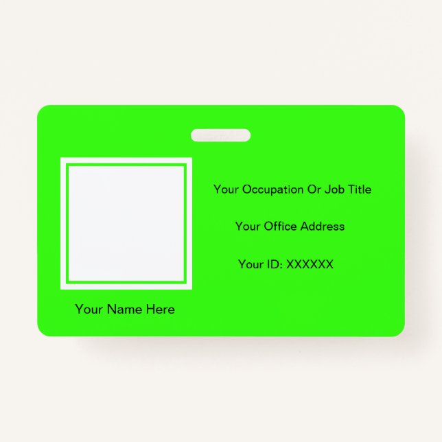 Neon Green Custom Color Text Photo Employee Badge (Front)