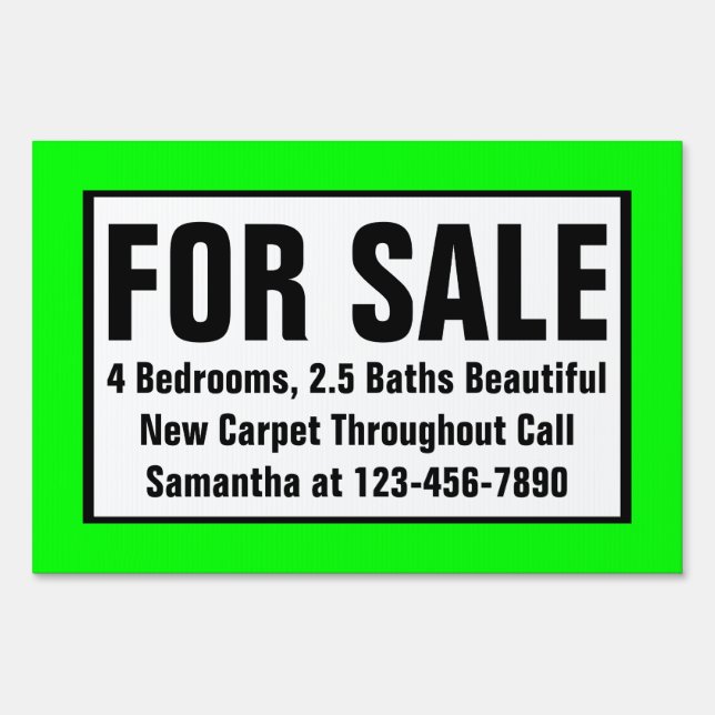 Neon Green Custom Printed For Sale Sign (Front)