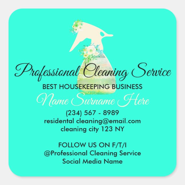 Neon Green cute Maid Spray Flower Cleaning Square Sticker