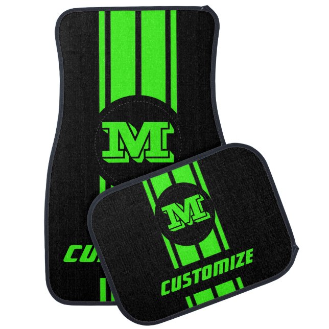 Neon Green Double Race Stripes - Monogram Car Floor Mat (Set)
