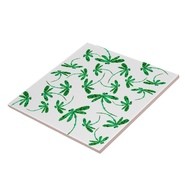 Neon Green Dragonfly Frenzy Ceramic Tile (Side)