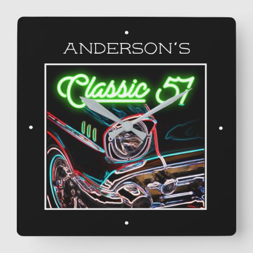 Neon Green Effect Chevy Classic 1957 Car Any Name  Square Wall Clock