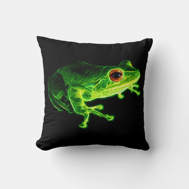 Neon Green Electric Tree Frog - Glowing Animal Des Throw Pillow (Front)