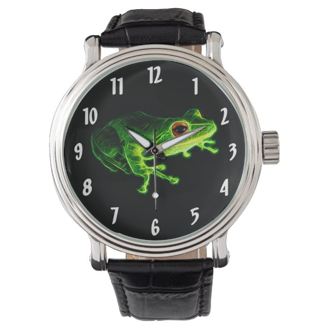 Neon Green Electric Tree Frog - Glowing Animal Des Watch (Front)