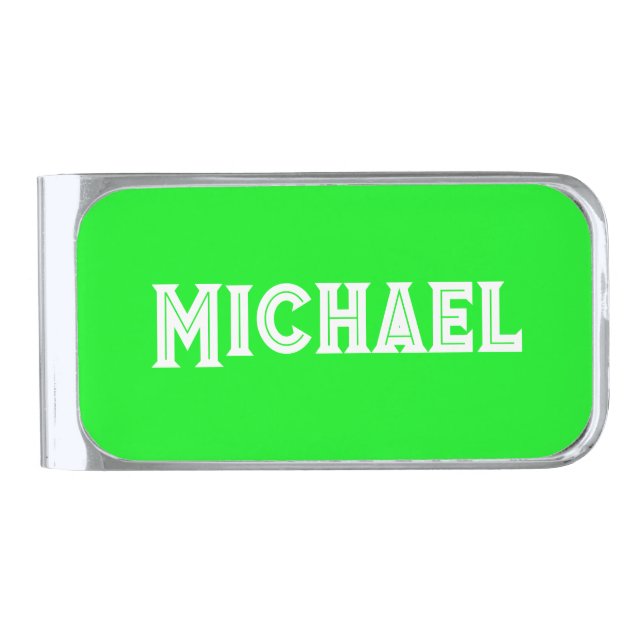 Neon Green Elegant Name Color Plain Bright Silver Finish Money Clip (Front)