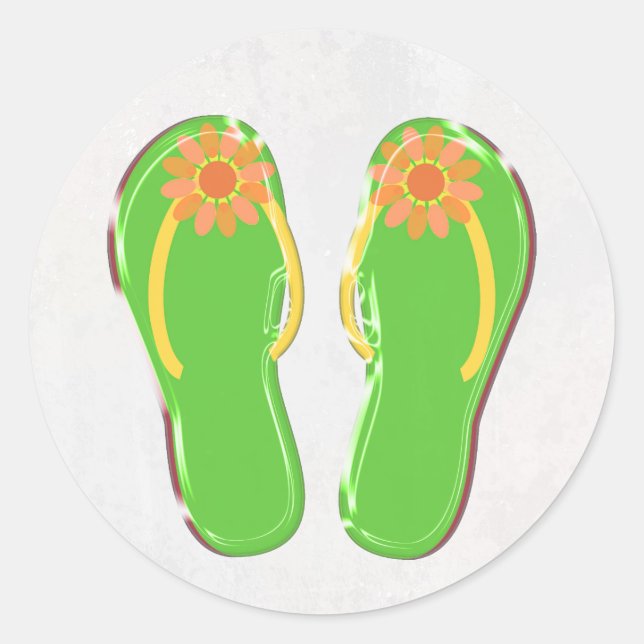 neon green flip-flops with flower classic round sticker (Front)
