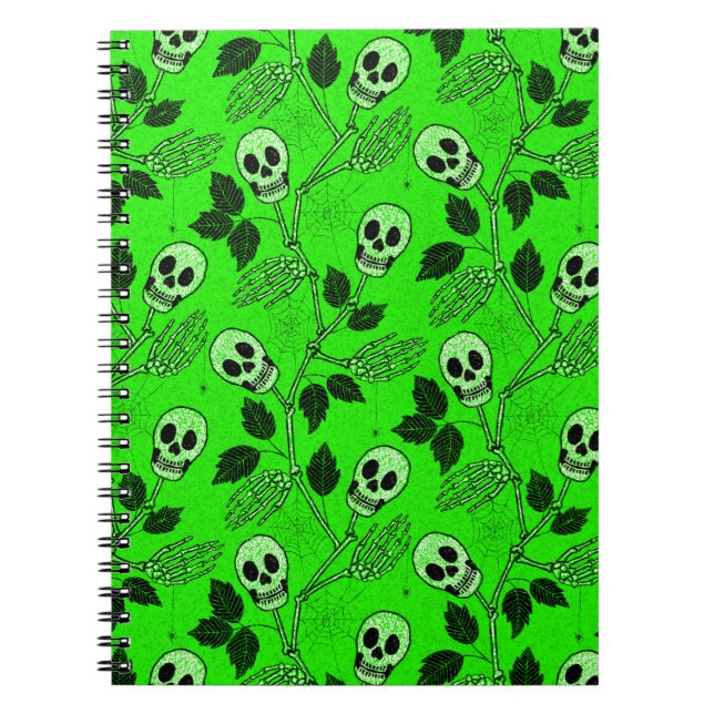 Neon Green Floral Gothic Skull  Notebook (Front)