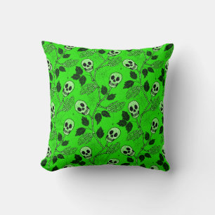 Neon Green Floral Gothic Skull Throw Pillow