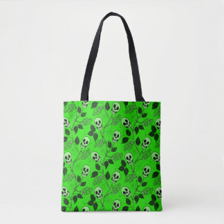 Neon Green Floral Gothic Skull Tote Bag