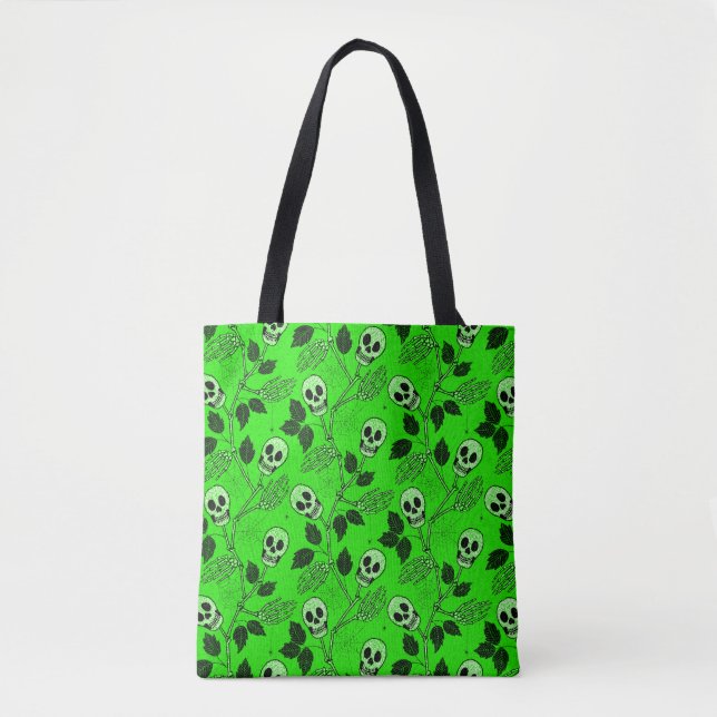 Neon Green Floral Gothic Skull  Tote Bag (Front)