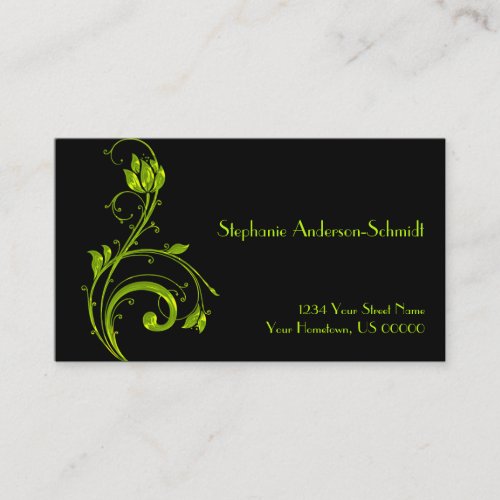 Neon Green Floral Leaf Swirls on Black Busines Business Card