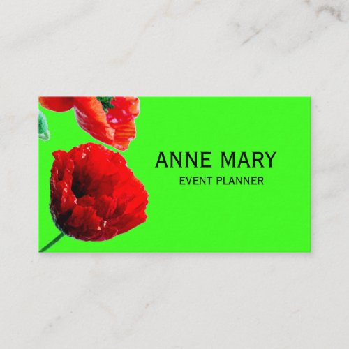 Neon Green Floral Red Poppy Flowers Event Planner Business Card