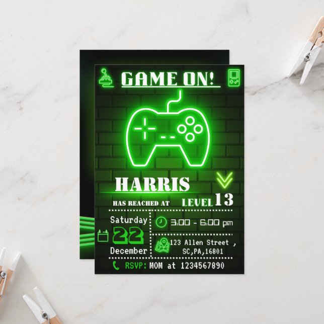 Neon Green Gamer Birthday Party Invitation (Front/Back In Situ)