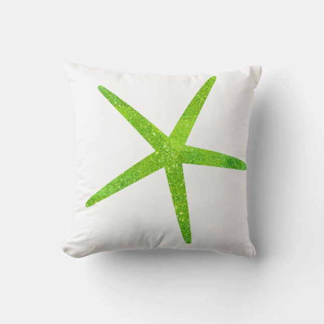 Neon Green Glitter Ombre Sparkle Starfish White Throw Pillow (Front)