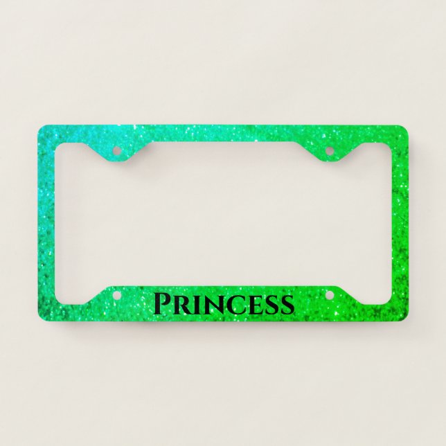 Neon Green Glitter Princess Sparkly Custom Text License Plate Frame (Front)