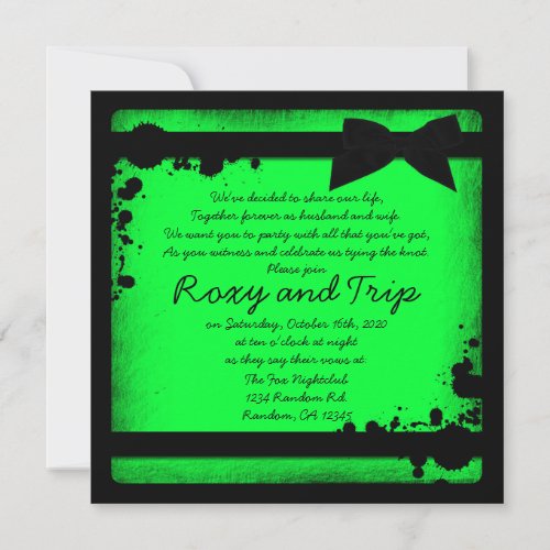 Neon green grunge black ribbon wedding invites