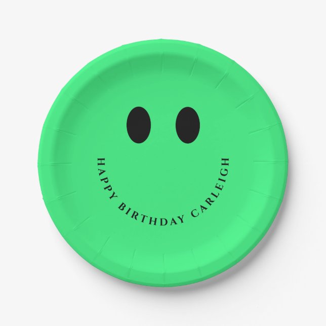 Neon Green Happy Face Custom  Paper Plates (Front)