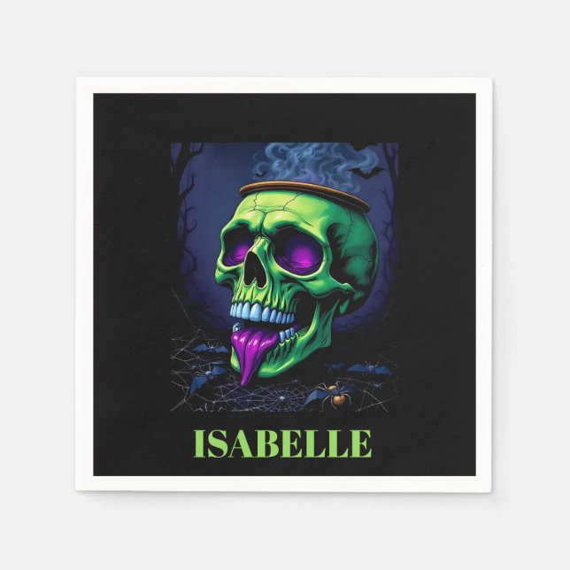 neon green haunted skull gothic halloween night napkins (Front)