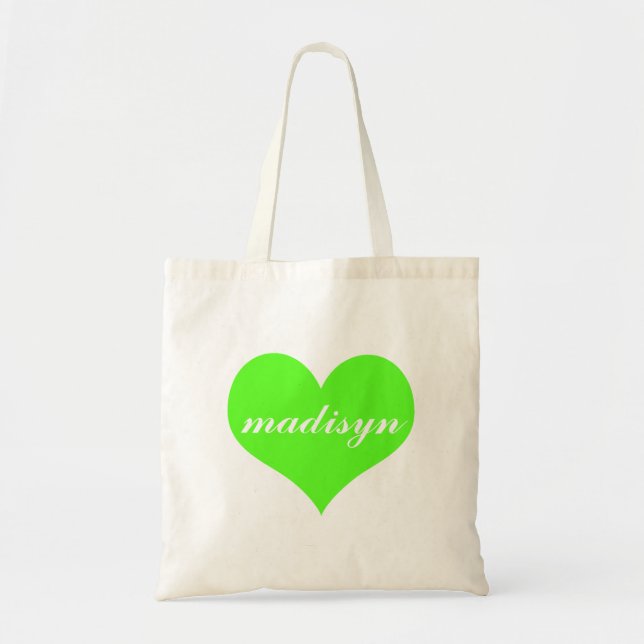 Neon Green Heart Personalized Budget Tote Bag (Front)