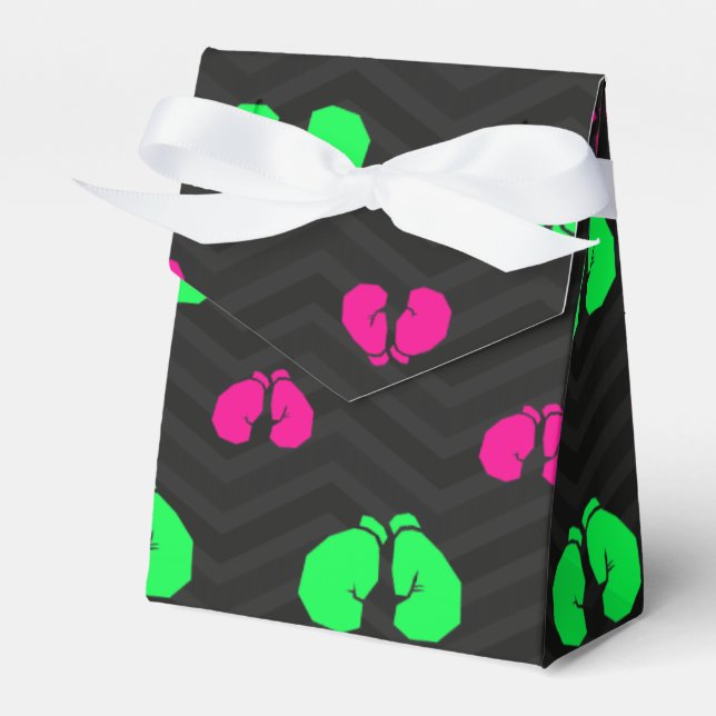 Neon Green, Hot Pink, Boxing Gloves, Black Chevron Favor Boxes (Front Side)