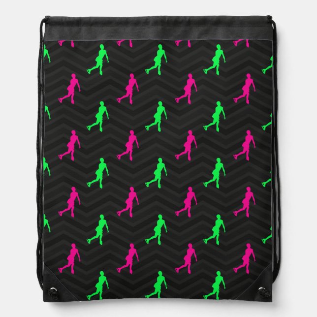 Neon Green, Hot Pink, Figure Skating Black Chevron Drawstring Bag (Front)