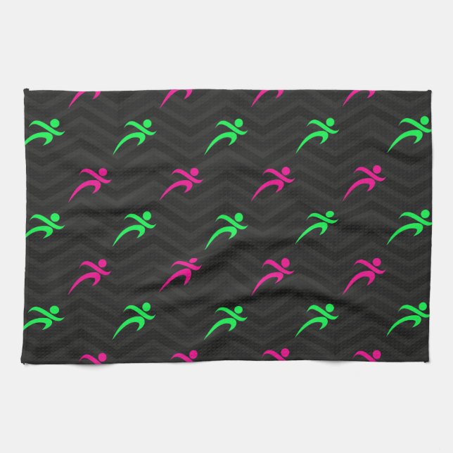 Neon Green, Hot Pink, Running, Runner, Black Towel (Horizontal)