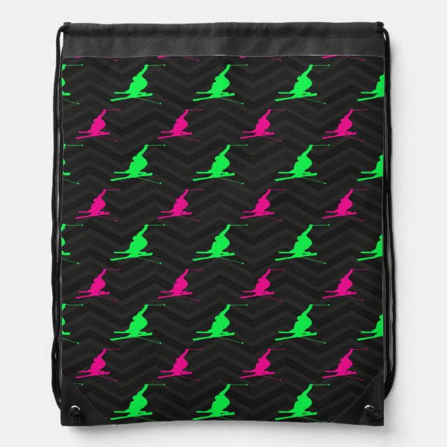 Neon Green, Hot Pink, Snow Ski, Black Chevron Drawstring Bag (Front)