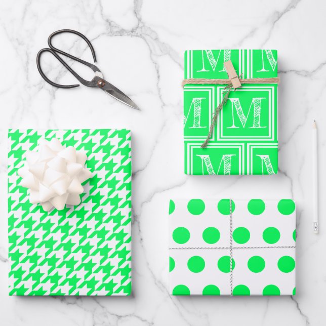 Neon Green Houndstooth Monogram Polka Dot Wrapping Paper Sheets (Front)