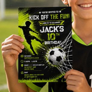 Neon Green Kick Off the Fun Soccer Birthday Party Invitation