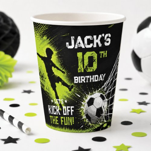 Neon Green Kick Off the Fun Soccer Birthday Party Paper Cups