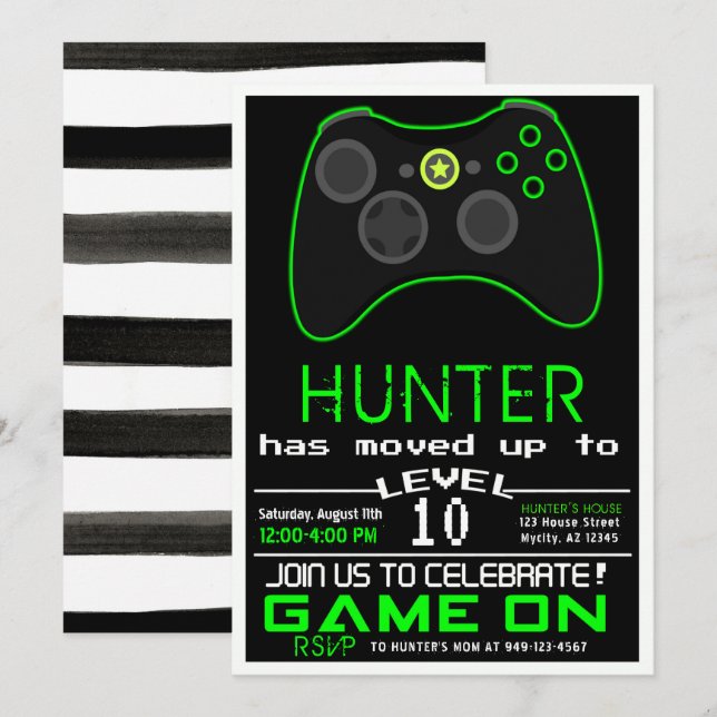 Neon Green Kid's Video Game Birthday Invitation (Front/Back)