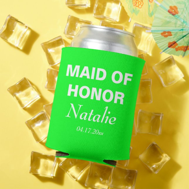 Neon Green Maid of Honor Wedding Bridesmaid Bride Can Cooler (In Situ Summer)