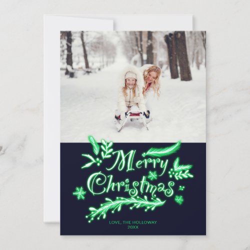 Neon green mistletoe Merry Christmas script photo Holiday Card