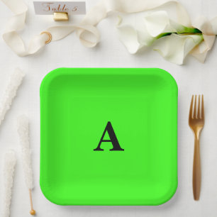 Neon Green Monogram Initial White Custom Cute 2023 Paper Plates