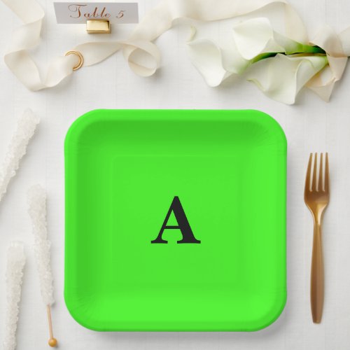Neon Green Monogram Initial White Custom Cute 2023 Paper Plates