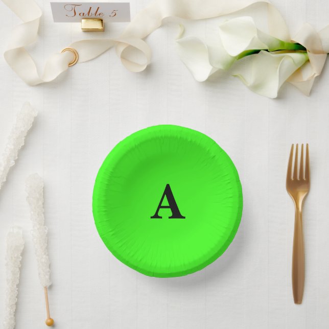 Neon Green Monogram Initial White Custom Modern Paper Bowls (Wedding)