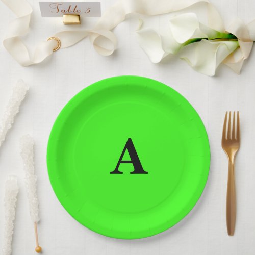 Neon Green Monogram Initial White Custom Modern  Paper Plates