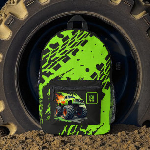 Neon Green Monster Truck Boys Monogram  Printed Backpack