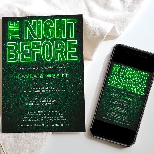 Neon green night before rehearsal dinner invitation