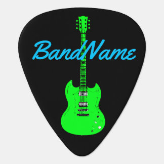 neon green on black, electric guitar pick