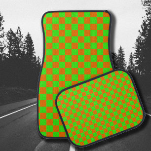 Neon Green Orange Checkered Checkerboard Vintage Car Floor Mat