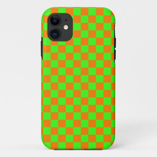 Neon Green Orange Checkered Checkerboard Vintage iPhone 11 Case