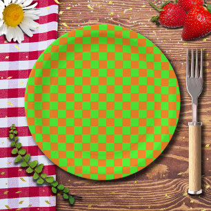 Neon Green Orange Checkered Checkerboard Vintage Paper Plates