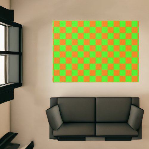Neon Green Orange Checkered Checkerboard Vintage Rug