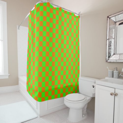 Neon Green Orange Checkered Checkerboard Vintage Shower Curtain