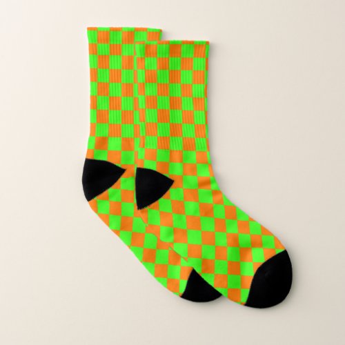 Neon Green Orange Checkered Checkerboard Vintage Socks