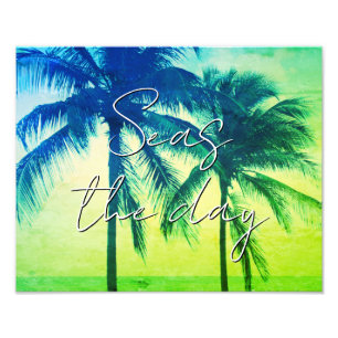 Neon green palm tree silhouette ocean view photo print