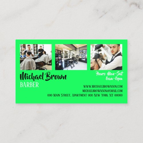 Neon Green Photo Framed Barber pole Business Card