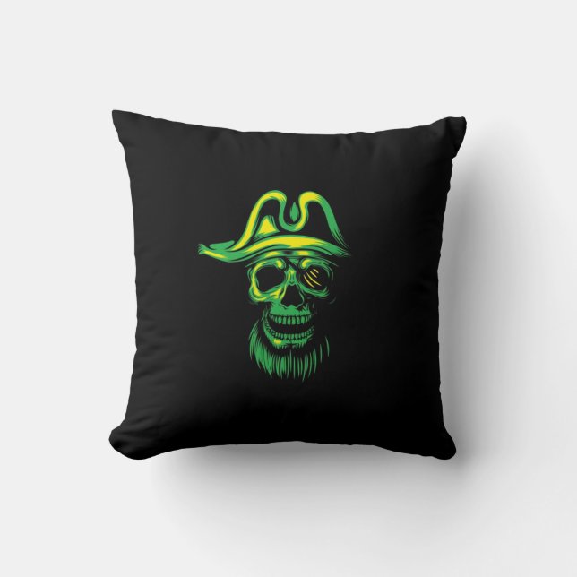Neon Green Pirate Skull Throw Pillow (Front)