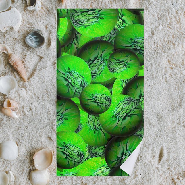 Neon green planets - pattern in 3D optics  Beach Towel (Creator Uploaded)